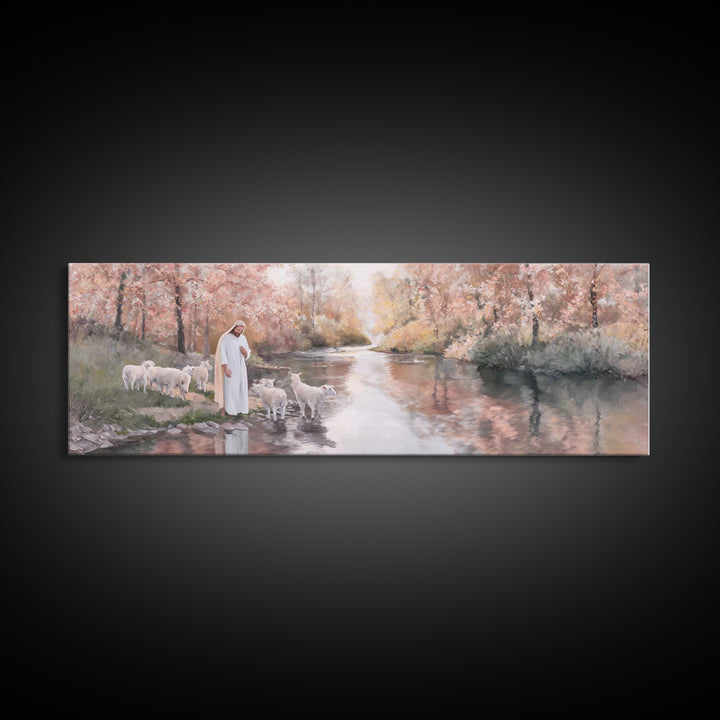 Pastoral Grace Reflections – Framed Canvas Print – Jesus Painting – Panoramic Print – Christian Wall Art – Christian Art Canvas – Christian