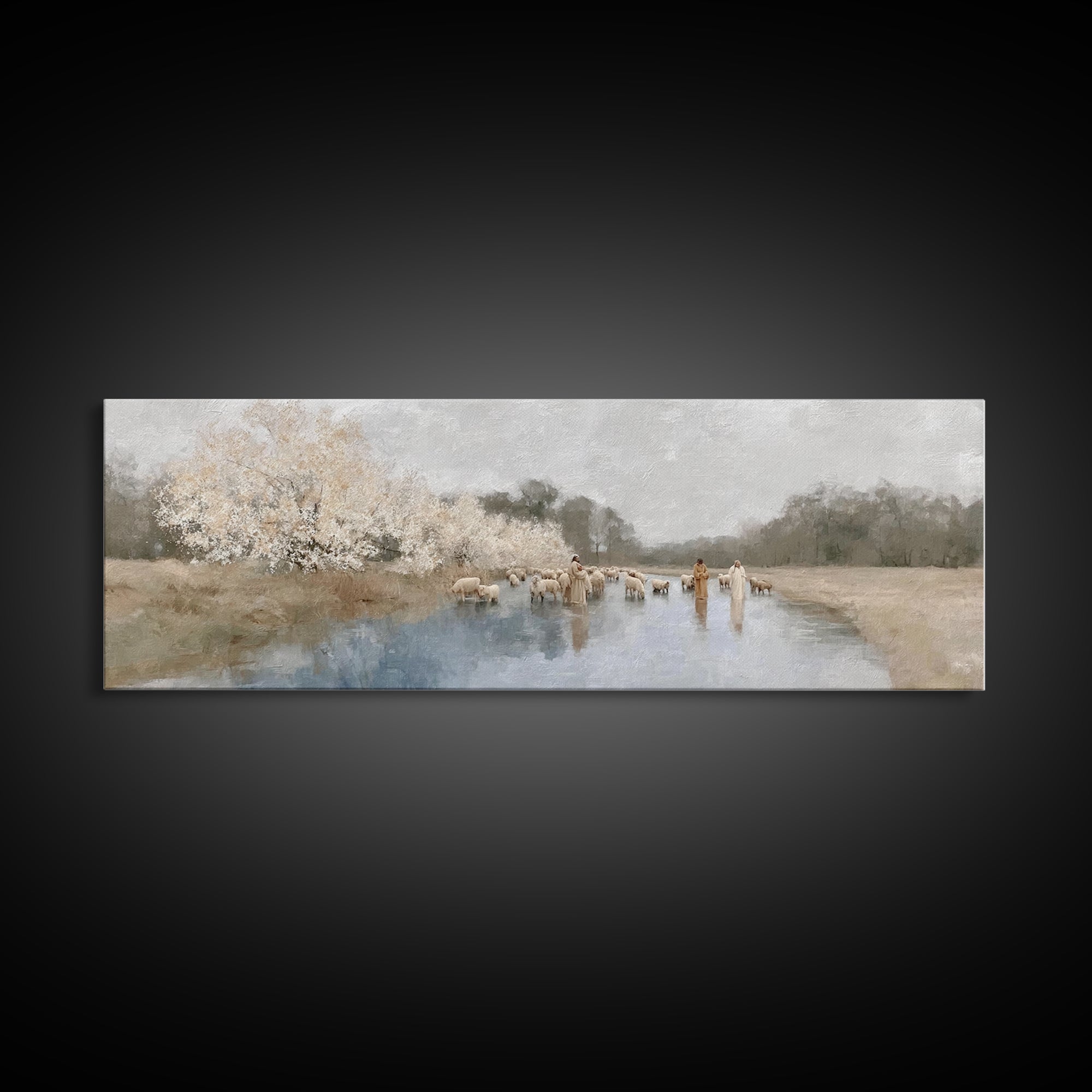 Riverside Shepherd Calm | Framed Canvas Print | Christian Art Canvas | Panoramic Wall Art | Jesus Painting | Christian Gift Ideas | Christi