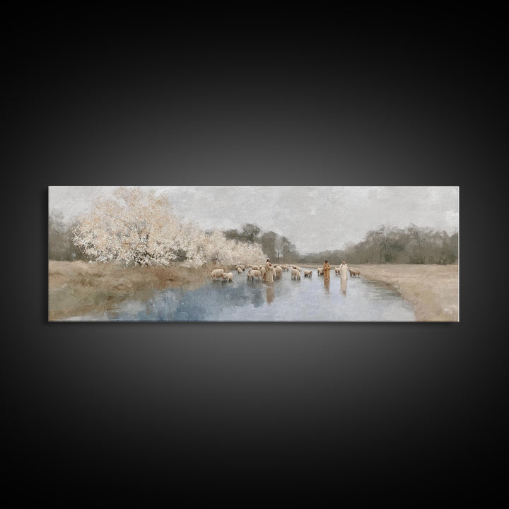 Riverside Shepherd Calm | Framed Canvas Print | Christian Art Canvas | Panoramic Wall Art | Jesus Painting | Christian Gift Ideas | Christi