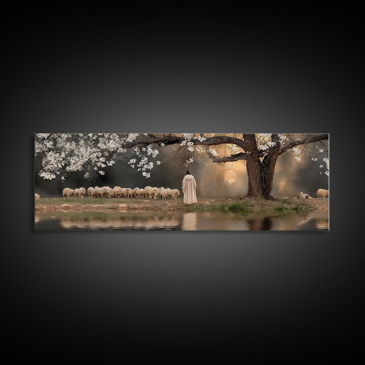 Shepherd’s Quiet Dawn, Framed Canvas Print, Christian Wall Art, Panoramic Print, Jesus Painting, Christian Art Canvas, Christian Gift Ideas