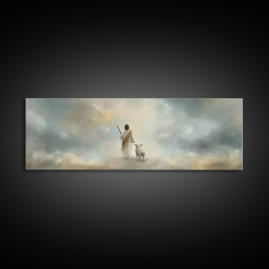 Riverside Flock Peace | Framed Canvas Print | Christian Wall Art | Christian Art Canvas | Extra Wide Art | Jesus Painting | Christian Gift