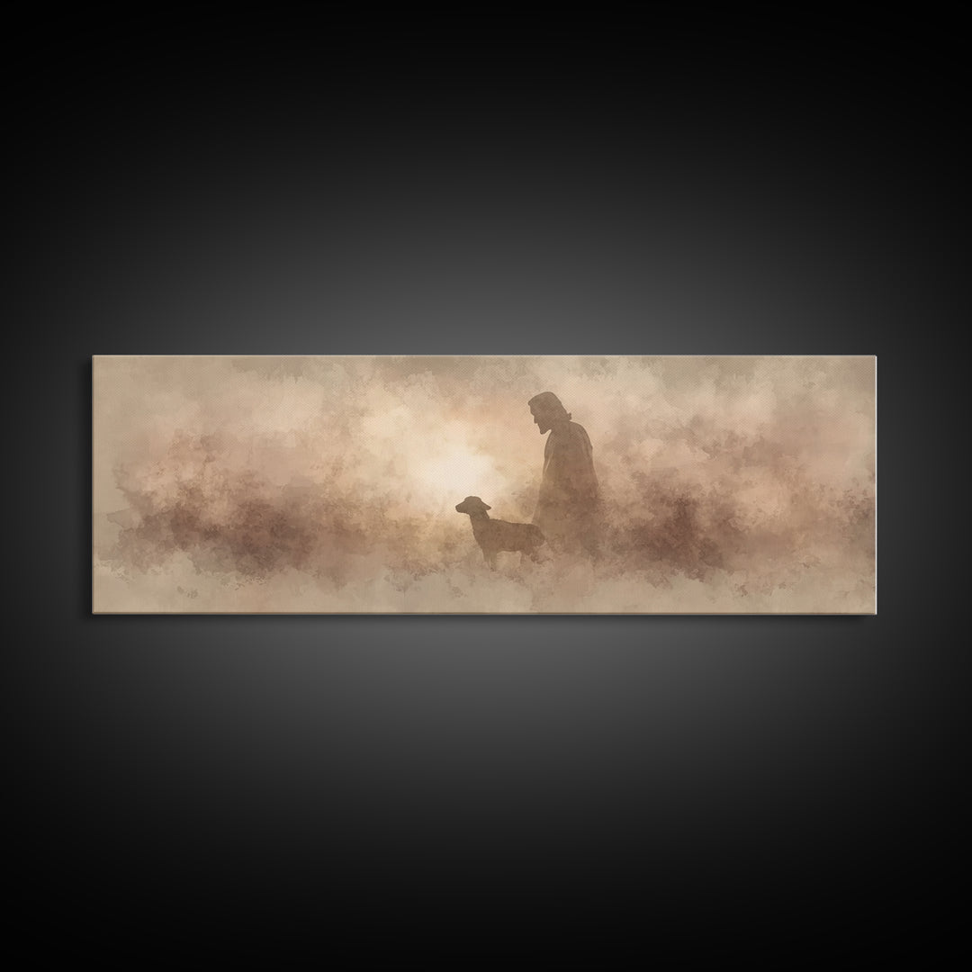 Lamb Of Morning Light, Framed Canvas Print, Christian Art Canvas, Panoramic Art, Jesus Painting, Christian Wall Art, Christian Gift