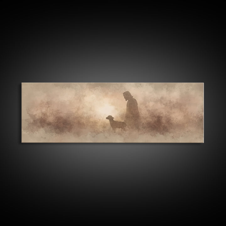 Lamb Of Morning Light, Framed Canvas Print, Christian Art Canvas, Panoramic Art, Jesus Painting, Christian Wall Art, Christian Gift
