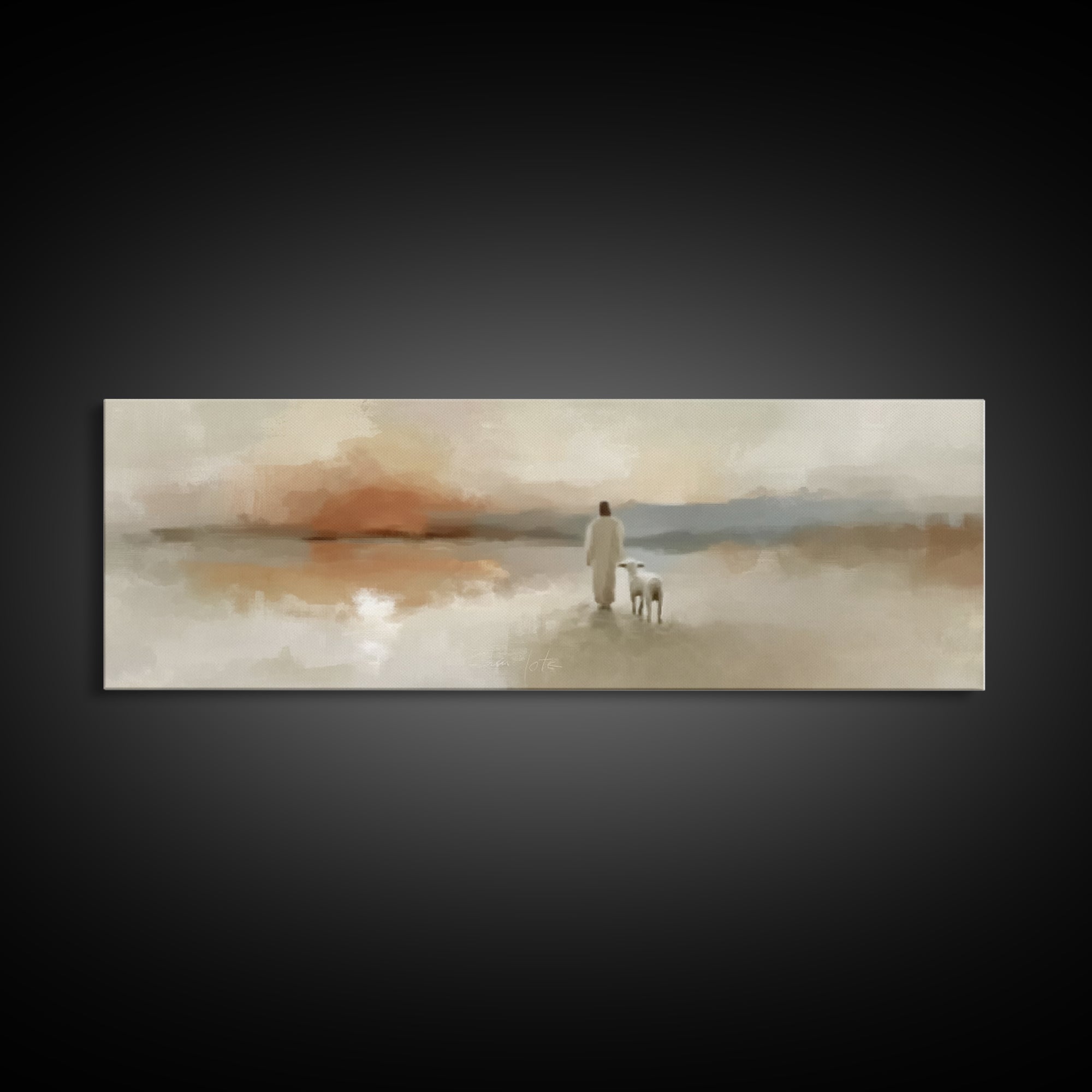 Evening Shepherd Light, Framed Canvas Print, Christian Art Canvas, Jesus Wall Art, Panoramic Painting, Christian Christmas Art, Modern Chri