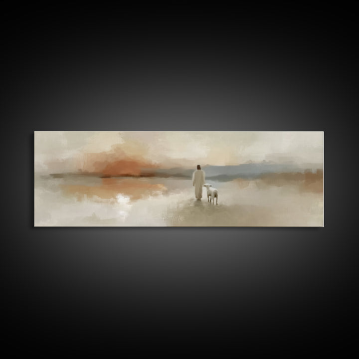 Evening Shepherd Light, Framed Canvas Print, Christian Art Canvas, Jesus Wall Art, Panoramic Painting, Christian Christmas Art, Modern Chri