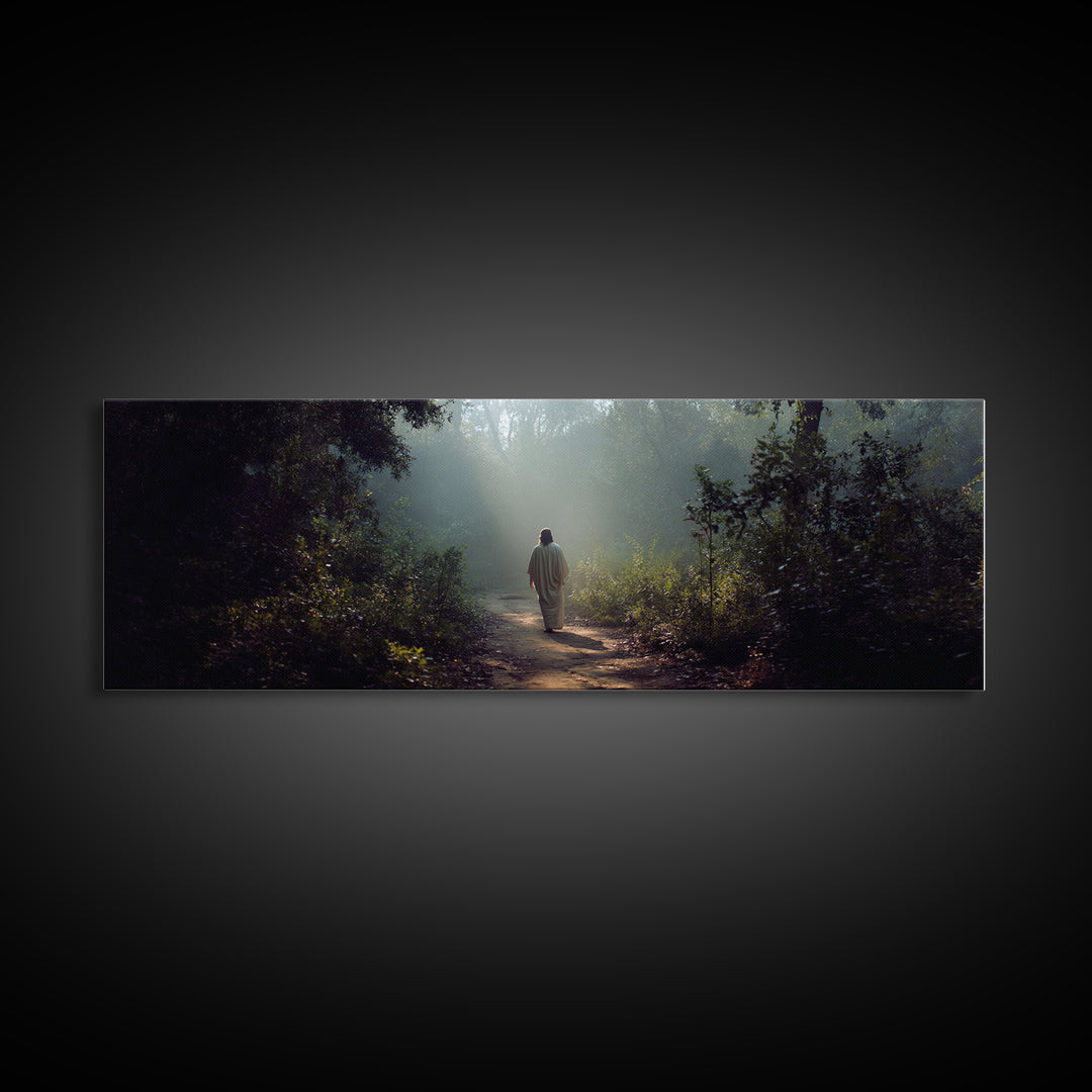 Light Through The Trees, Framed Canvas Print, Christian Wall Art, Jesus Painting, Panoramic Print, Christian Art Canvas, Large Christian Pa