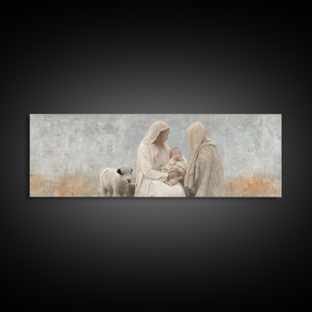 Winter Nativity | Framed Canvas Print | Christian Christmas Art | Christian Wall Art | Panoramic Painting | Christian Decor | Christian Gif