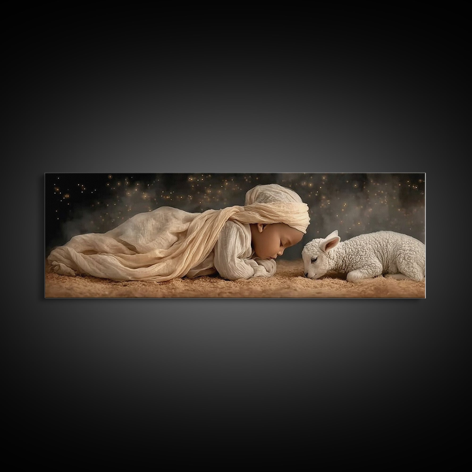 Peaceful Manger – Framed Canvas Print – Christian Christmas Art – Christian Wall Art – Panoramic Frame – Christian Art Canvas – Christmas D