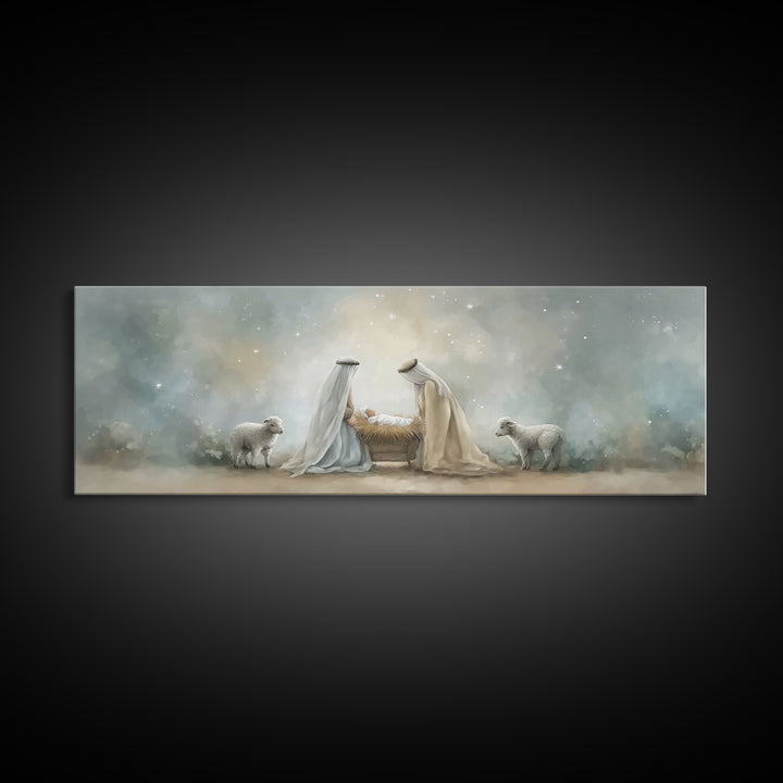 Humble Light – Framed Canvas Print – Christian Wall Art – Christmas Art – Panoramic Painting – Christian Decor – Christmas Canvas Wall Art