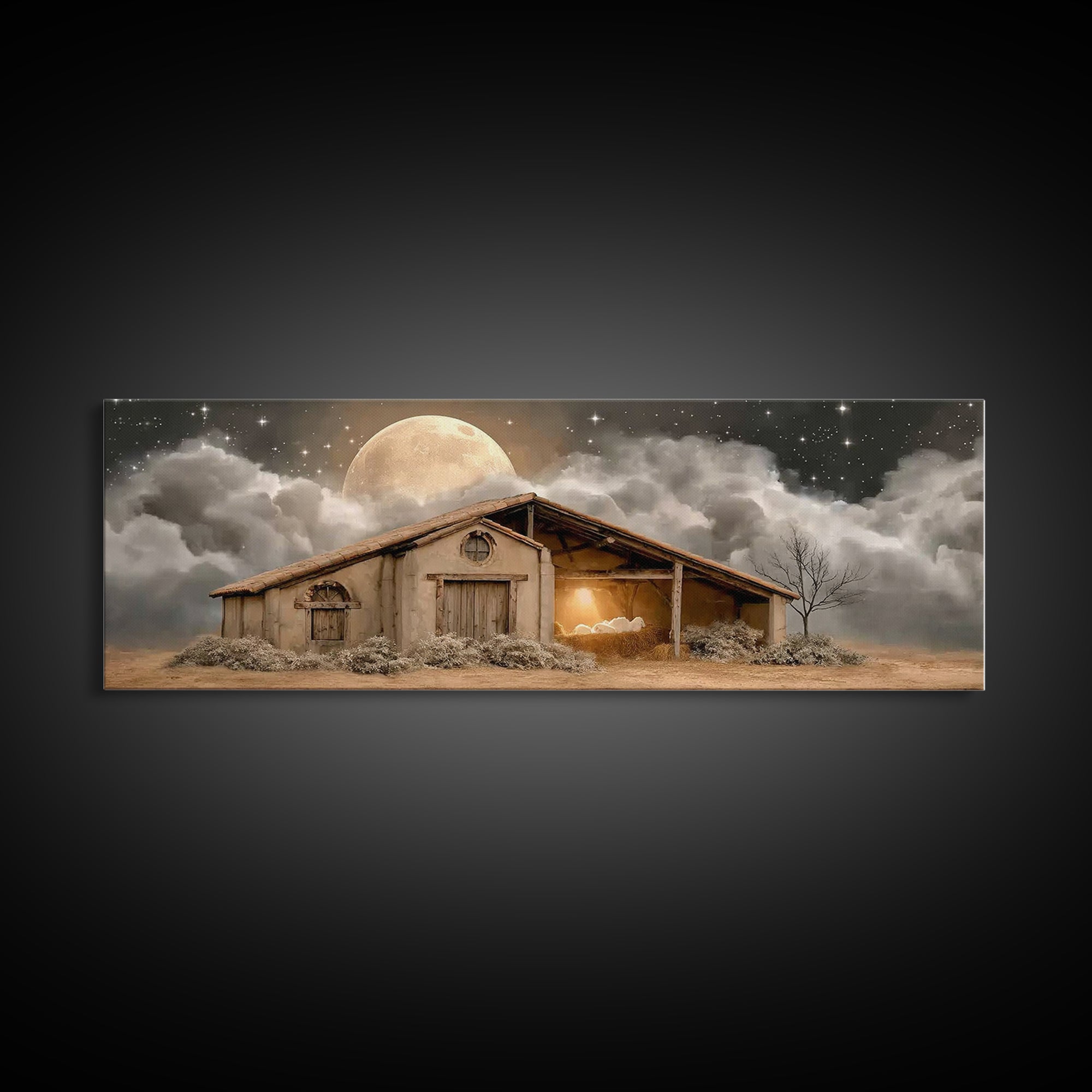Starry Night Shelter, Framed Canvas Print, Panoramic Wall Art, Christian Christmas Art, Christmas Art Prints, Christian Wall Art, Christian