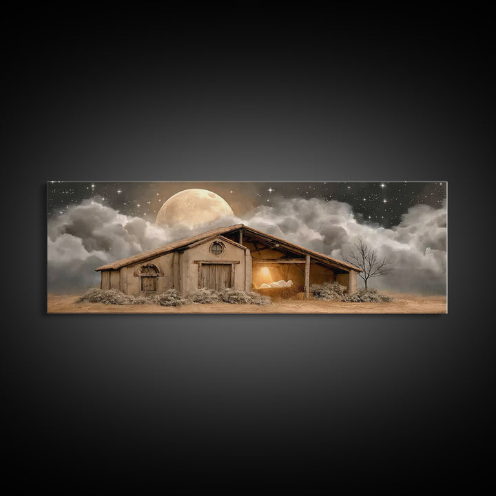 Starry Night Shelter, Framed Canvas Print, Panoramic Wall Art, Christian Christmas Art, Christmas Art Prints, Christian Wall Art, Christian