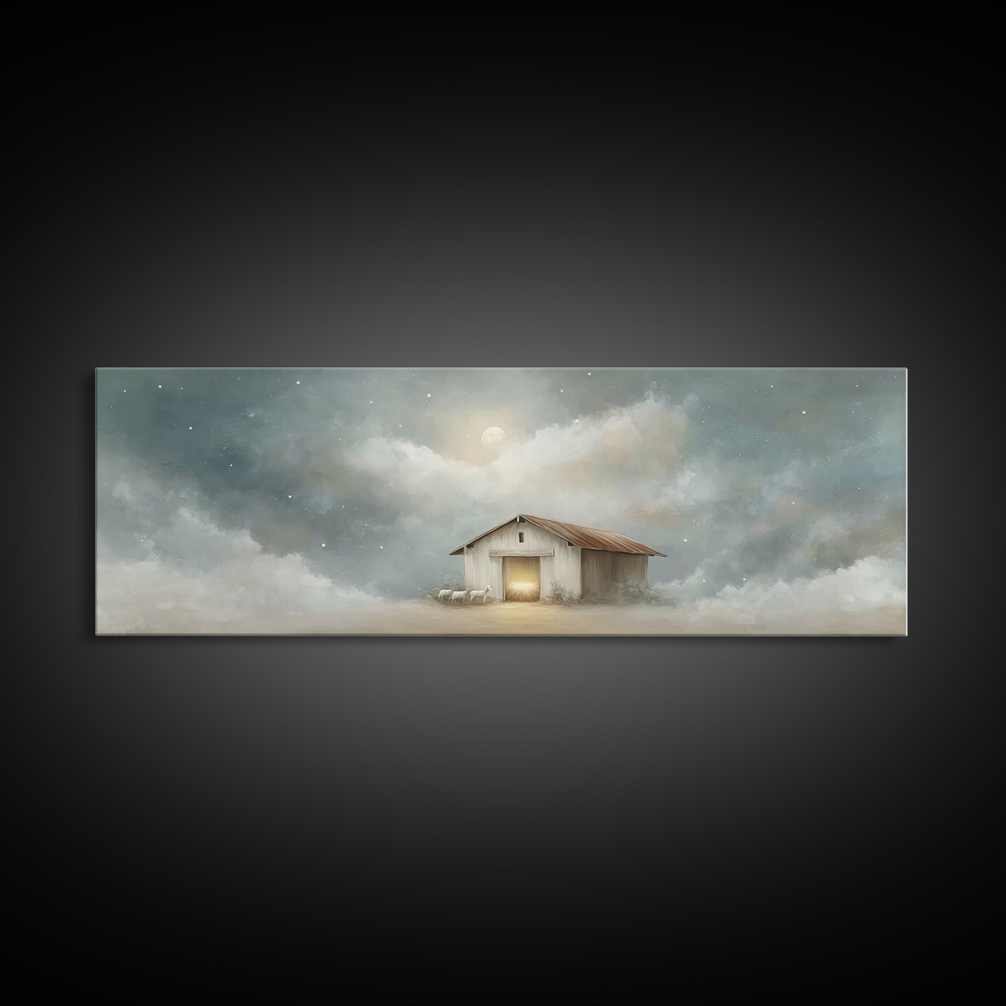Midnight Stable Peace | Framed Canvas Print | Panoramic Painting | Christian Art Canvas | Christmas Wall Art | Christian Christmas Decor |