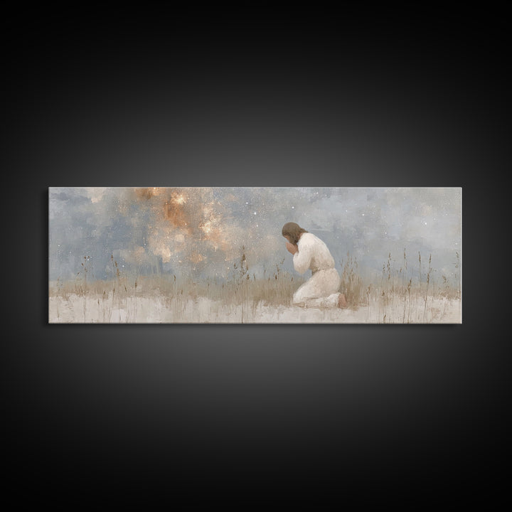 Silent Petition, Framed Canvas Print, Panoramic Wall Art, Christian Art Canvas, Jesus Painting, Christian Wall Art, Christian Christmas Art