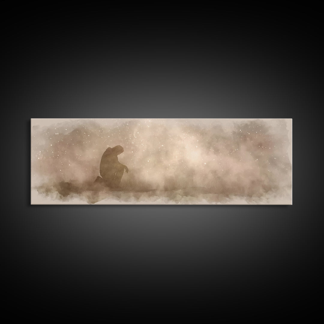 Kneeling Light | Framed Canvas Print | Panoramic Frame | Christian Art Canvas | Jesus Painting | Christian Wall Art | Christian Christmas A
