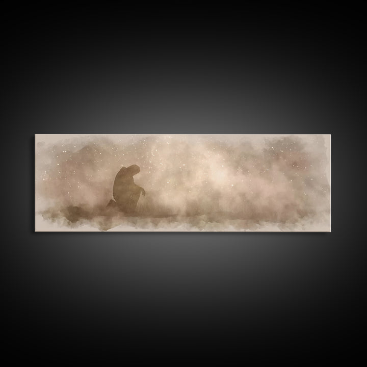 Kneeling Light | Framed Canvas Print | Panoramic Frame | Christian Art Canvas | Jesus Painting | Christian Wall Art | Christian Christmas A