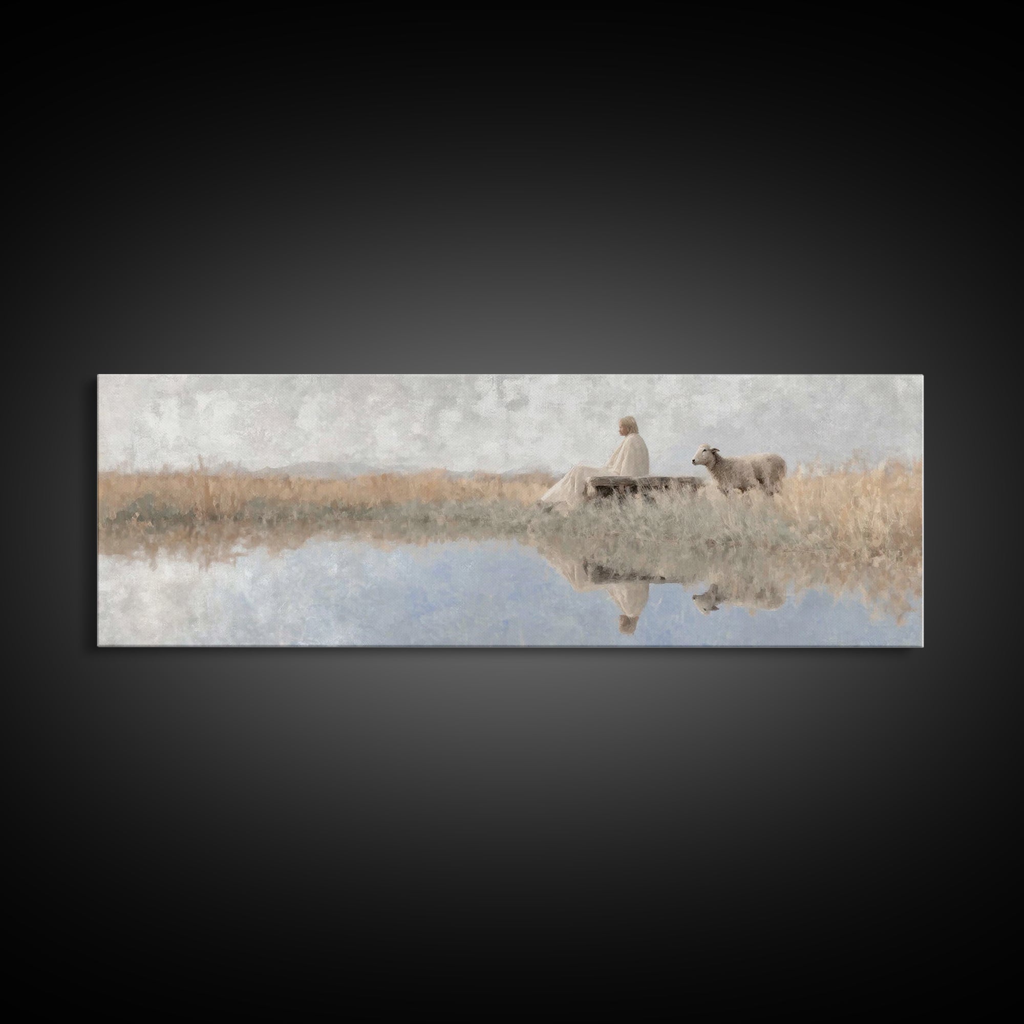 Quiet Shepherd Light - Framed Canvas Print - Panoramic Art - Christian Wall Art - Jesus Painting - Christian Art Canvas - Christmas Art