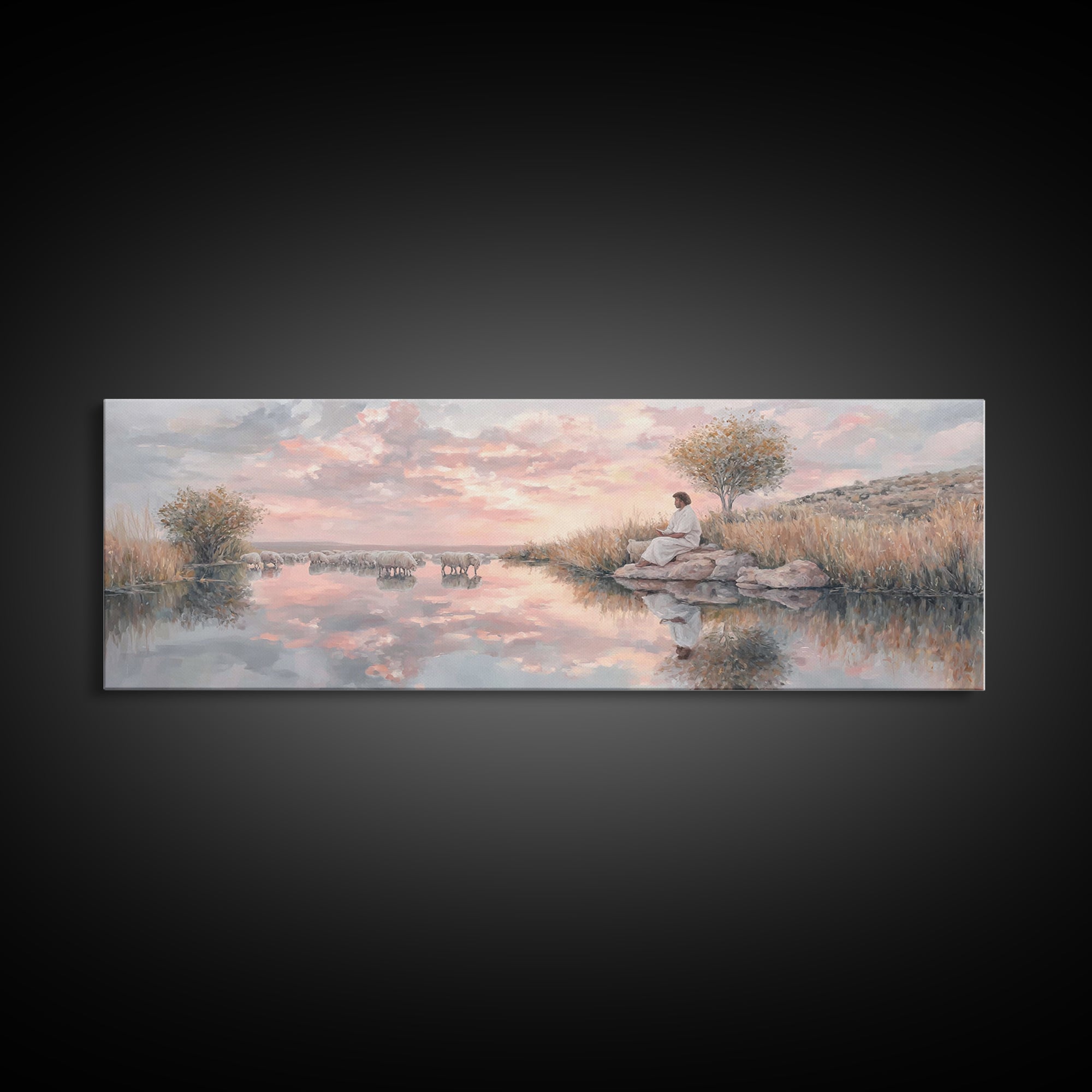 Shepherd’s Quiet Path, Framed Canvas Print, Panoramic Frame, Christian Art Canvas, Large Christian Painting, Jesus Painting, Christmas Wall