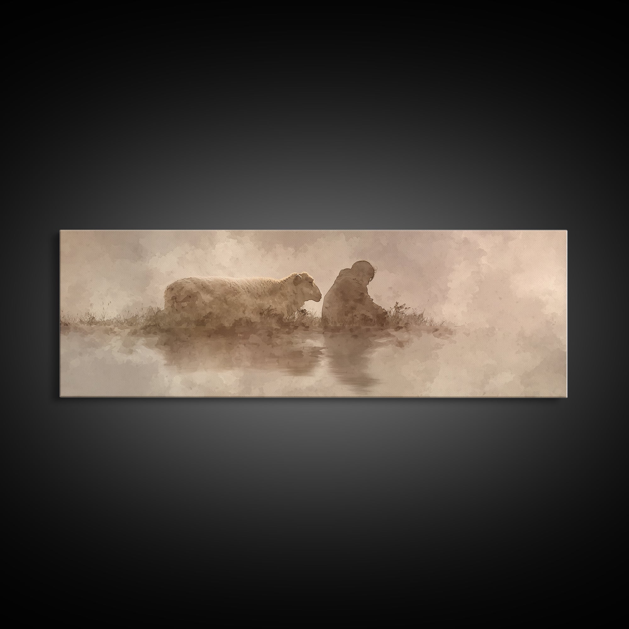 Calm Pasture Hope | Framed Canvas Print | Panoramic Art | Christian Art Work | Subtle Christian Art | Jesus Christmas Art | Christian Decor