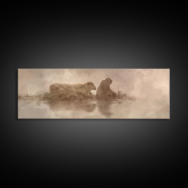 Calm Pasture Hope | Framed Canvas Print | Panoramic Art | Christian Art Work | Subtle Christian Art | Jesus Christmas Art | Christian Decor