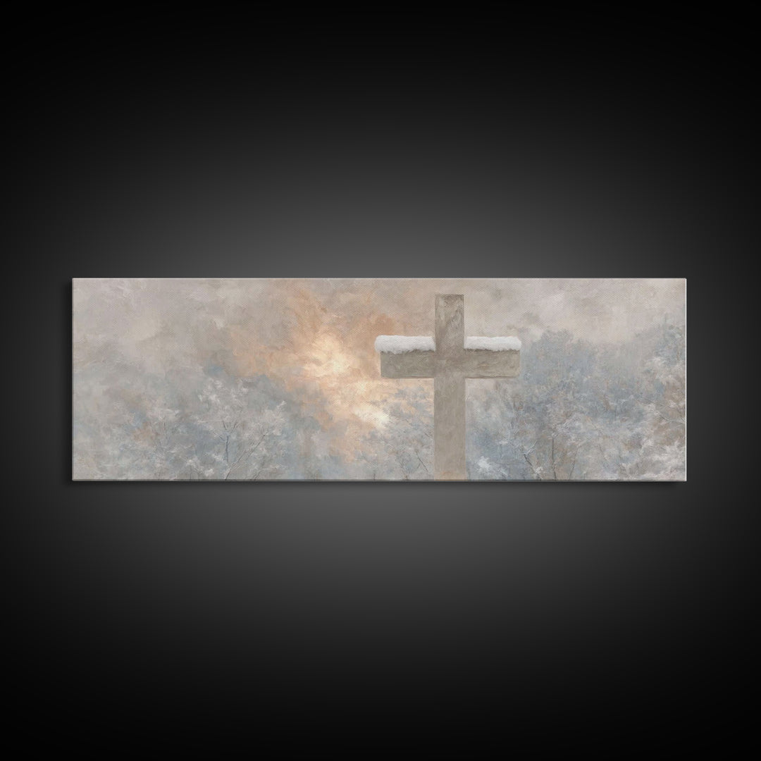 Winter Cross Light - Framed Canvas Print - Christian Wall Art - Panoramic Art - Christian Art Canvas - Christmas Art - Jesus Painting
