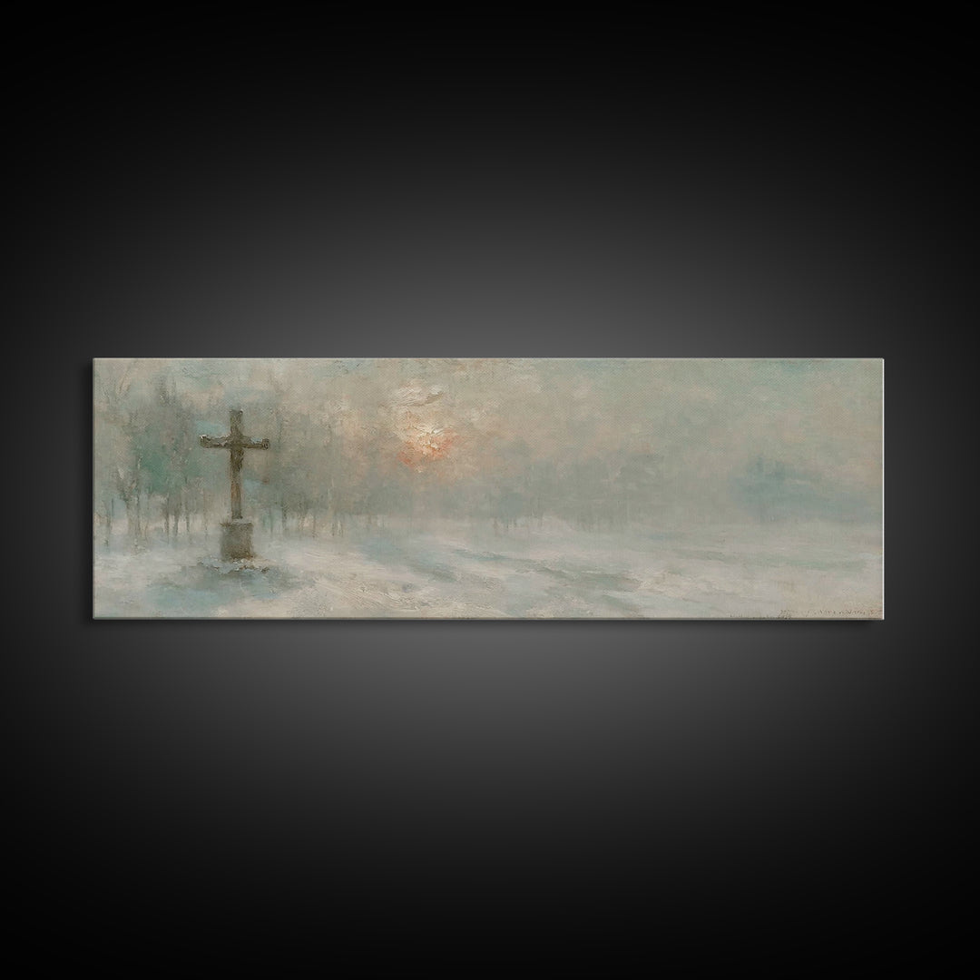Silent Dawn Cross | Framed Canvas Print | Christian Art Canvas | Panoramic Painting | Christmas Wall Art | Modern Christian Art | Christian