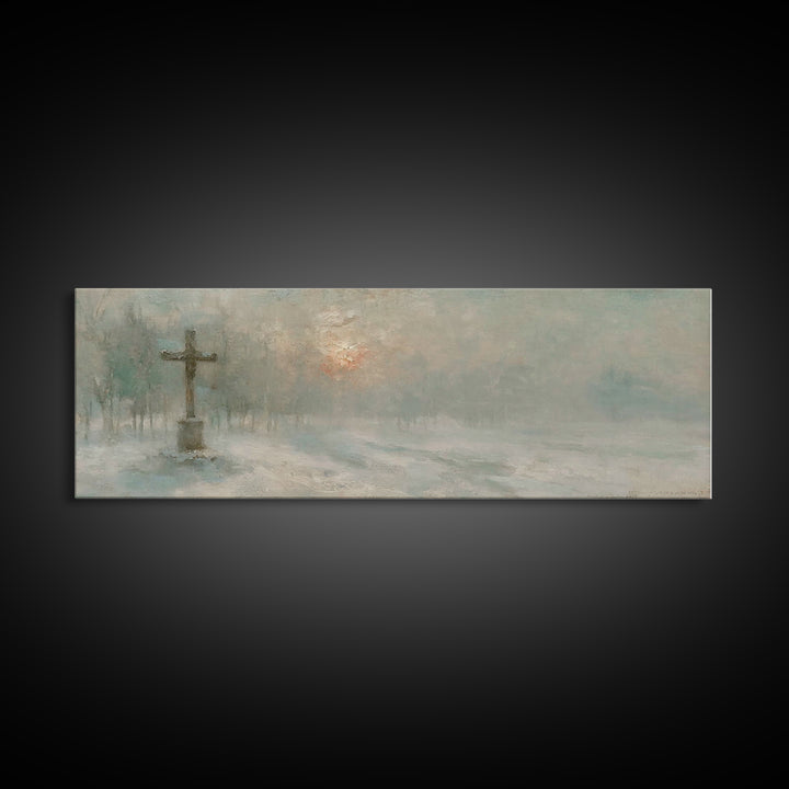 Silent Dawn Cross | Framed Canvas Print | Christian Art Canvas | Panoramic Painting | Christmas Wall Art | Modern Christian Art | Christian