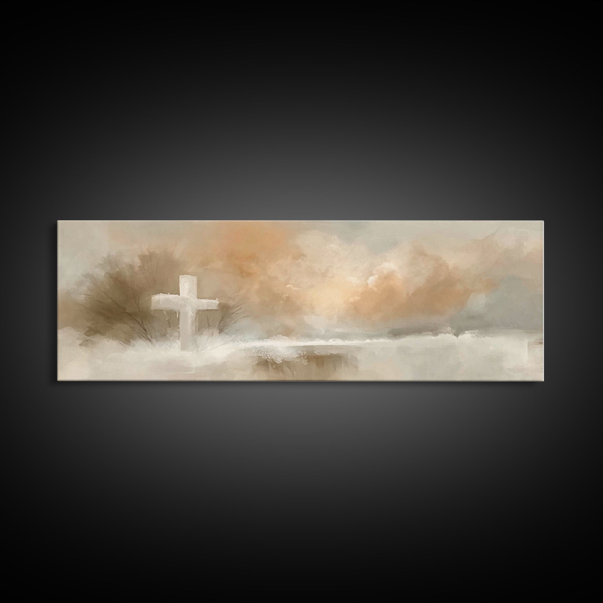 Morning Hope Cross, Framed Canvas Print, Christian Wall Art, Panoramic Print, Christian Painting, Christmas Art, Christian Art Canvas