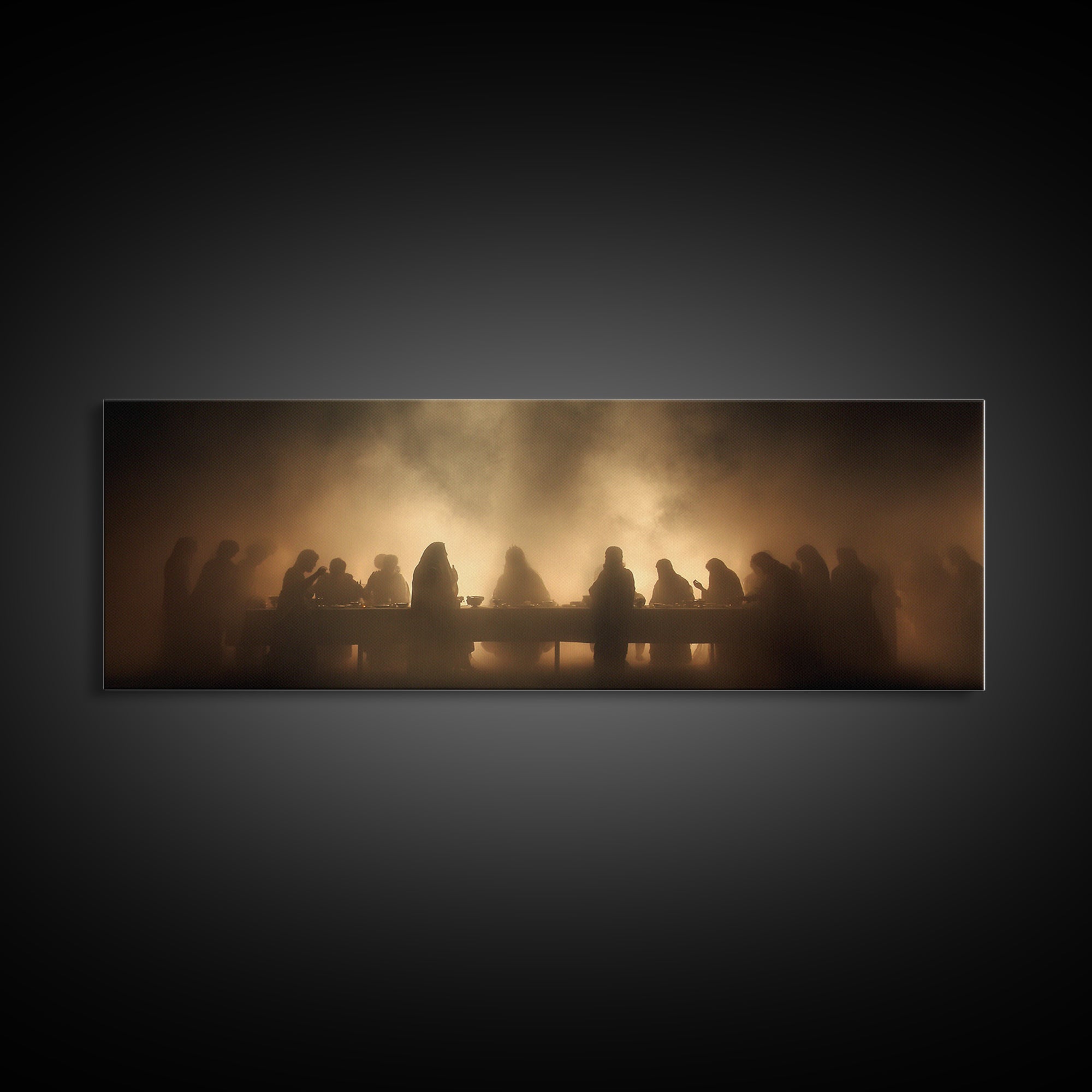 Sacred Supper Haze | Framed Canvas Print | Christian Art Canvas | Jesus Painting | Moody Christian Art | Panoramic Art | Christian Wall Art