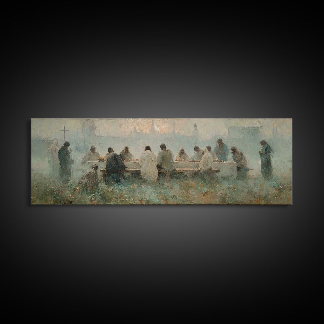 Upper Room Reverence, Framed Canvas Print, Christian Paintings, Large Christian Painting, Jesus Art Print, Panoramic Painting, Christian Ar