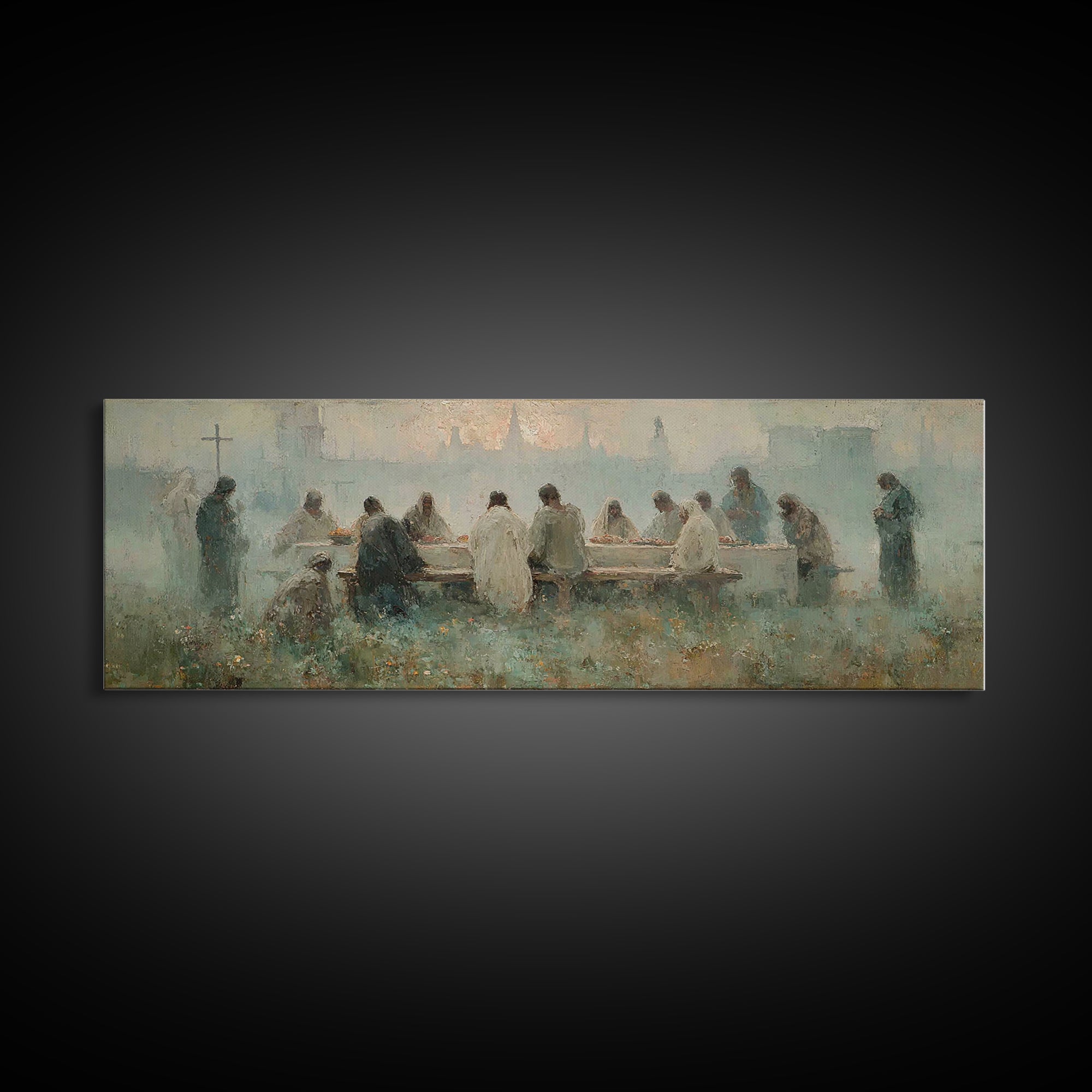 Upper Room Reverence, Framed Canvas Print, Christian Paintings, Large Christian Painting, Jesus Art Print, Panoramic Painting, Christian Ar