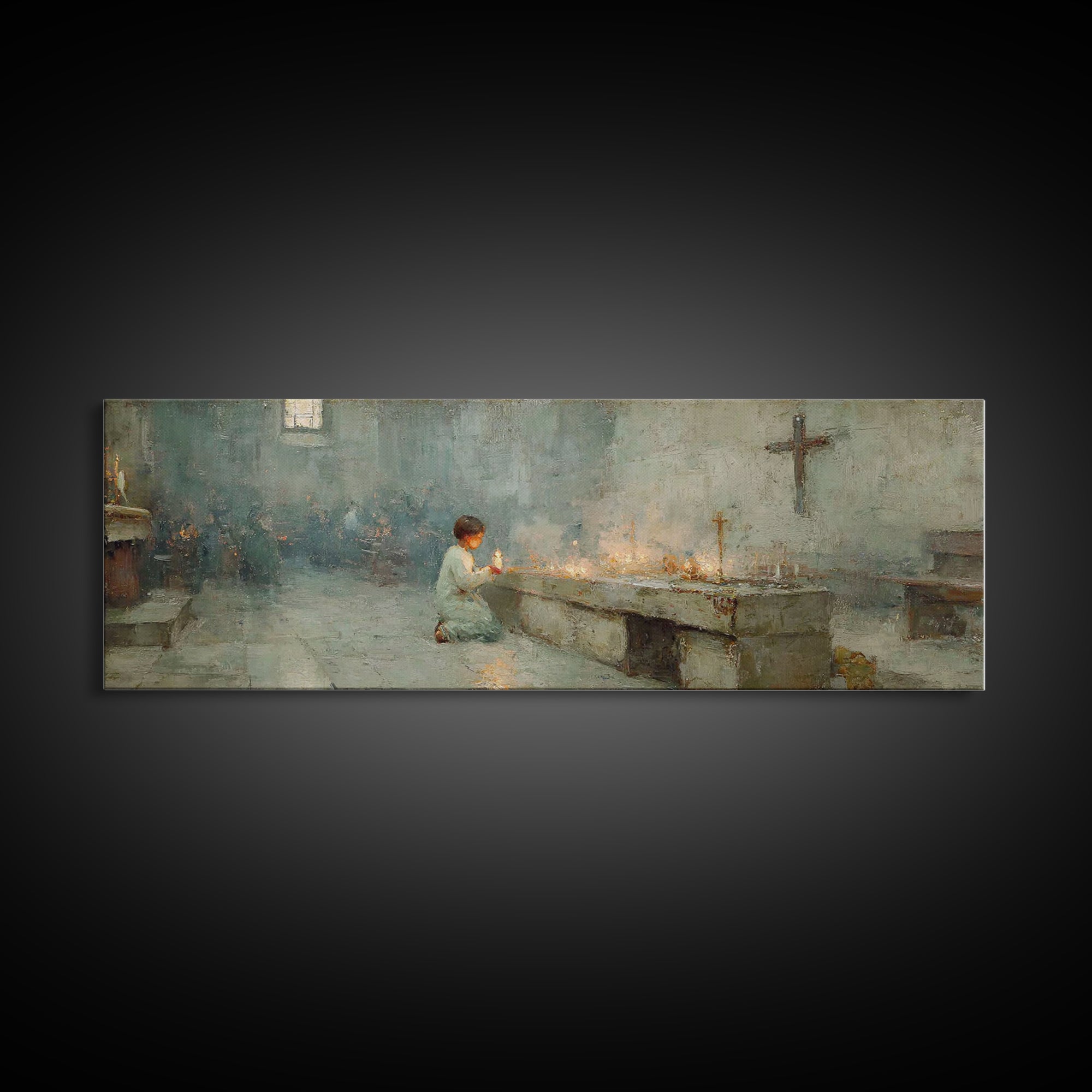 Sanctuary Candles | Framed Canvas Print | Christian Wall Art | Panoramic Painting | Christian Art Print | Christmas Art | Subtle Christian