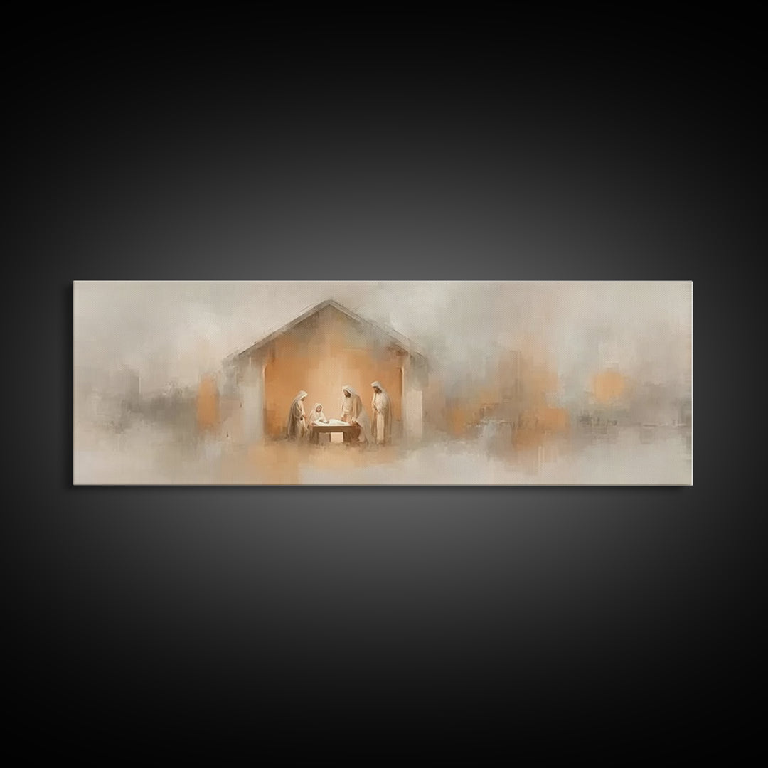 Nativity Glow, Framed Canvas Print, Panoramic Art, Christian Wall Art, Christian Art Canvas, Jesus Painting, Christmas Art