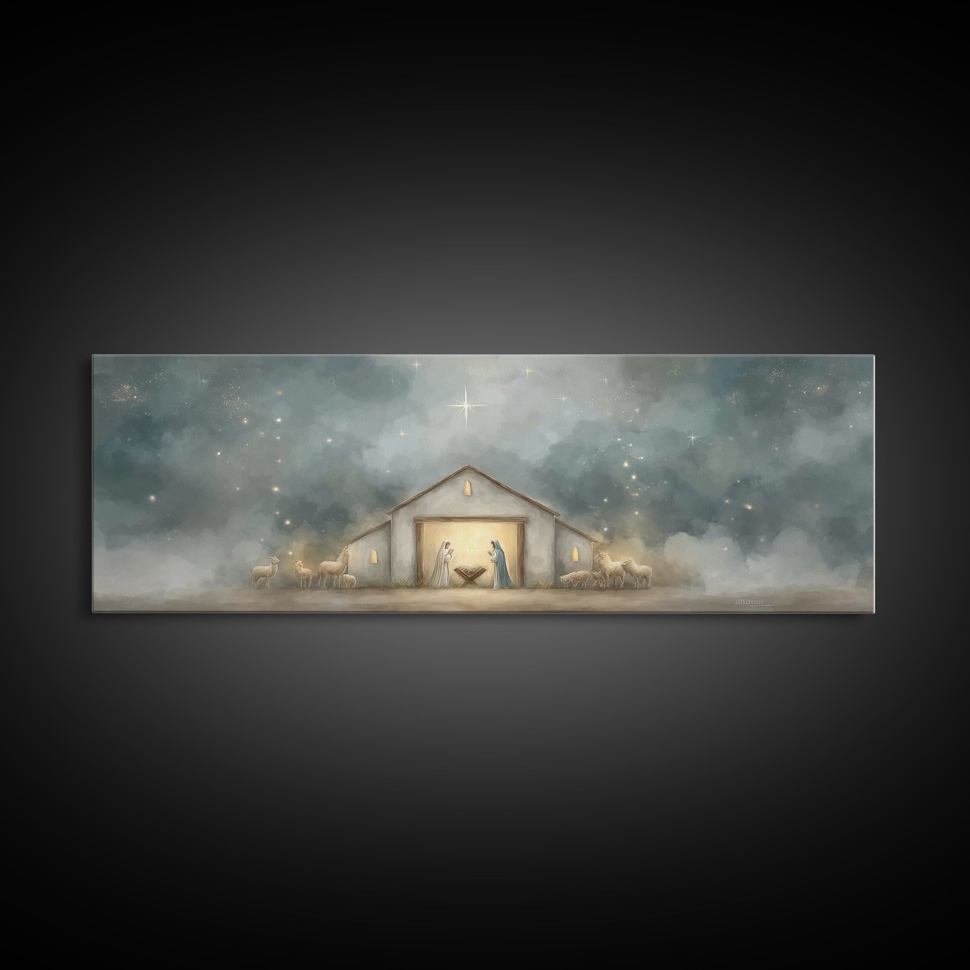 Starry Night Manger - Framed Canvas Print - Panoramic Print - Christian Christmas Art - Christian Art Canvas - Jesus Painting