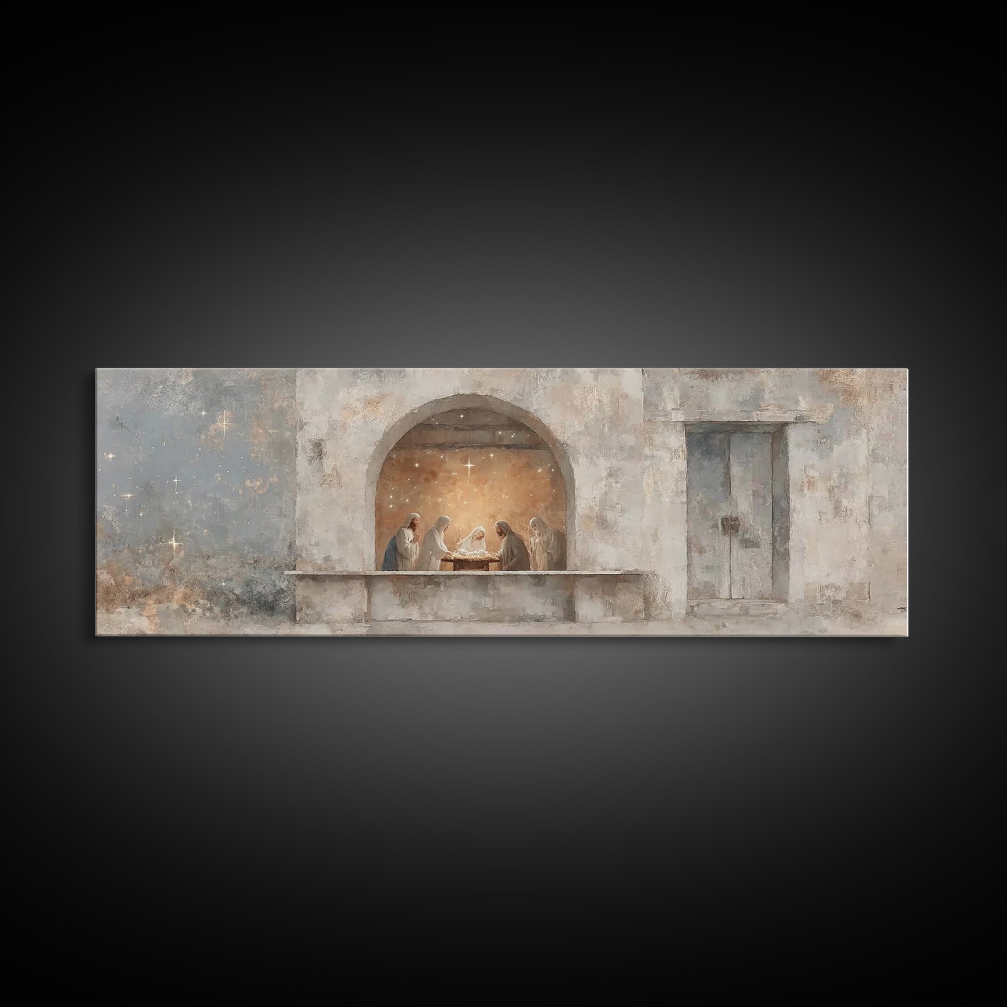 Sacred Arch Gathering, Framed Canvas Print, Panoramic Painting, Christian Art Canvas, Christian Wall Art, Christmas Art, Jesus Painting