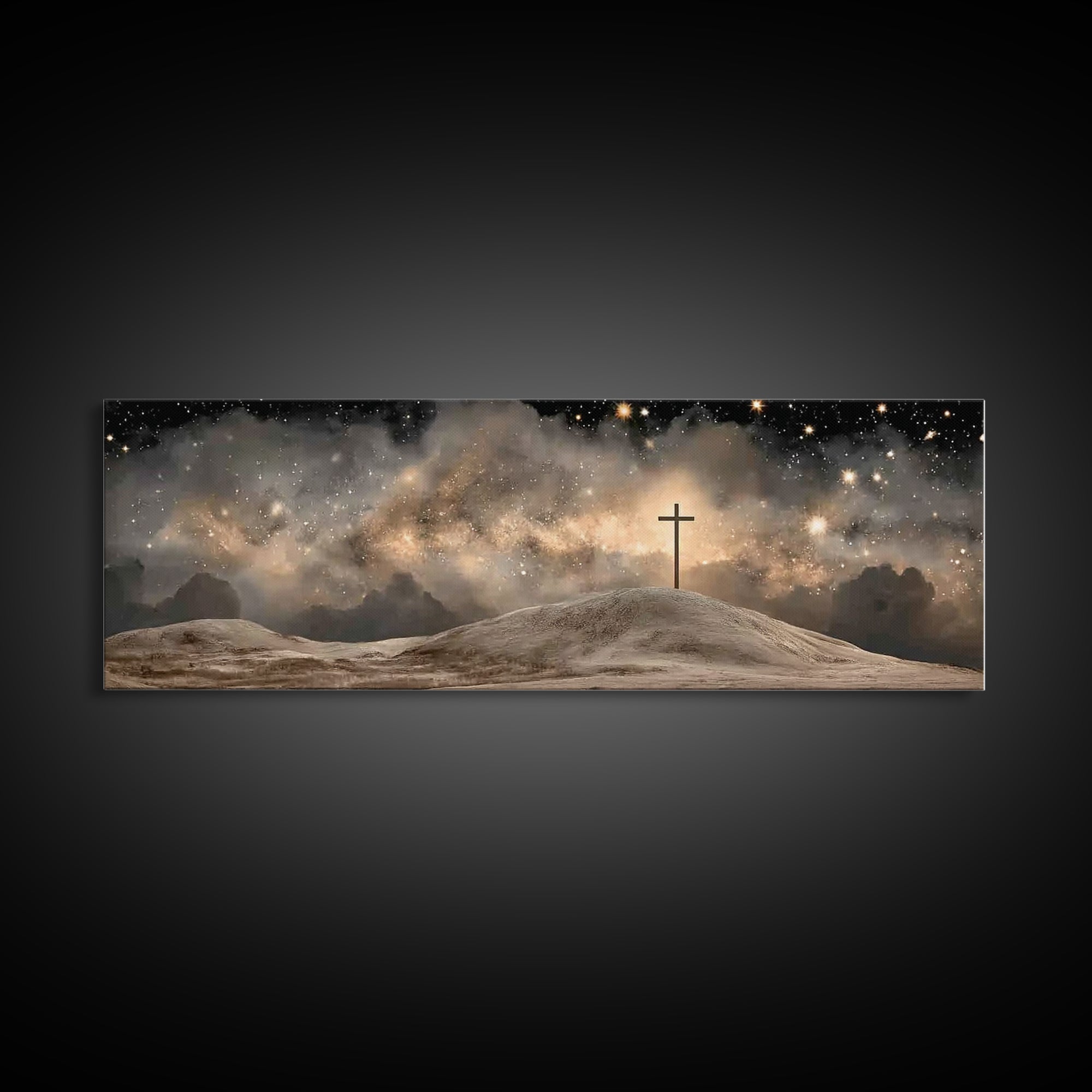 Cross On The Hill, Framed Canvas Print, Panoramic Art, Christian Wall Art, Christian Art Canvas, Jesus Painting, Christmas Art