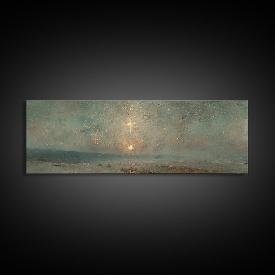 Heavenly Night Light, Framed Canvas Print, Christian Art Canvas, Panoramic Wall Art, Christian Christmas Art, Christian Wall Art, Jesus Pai