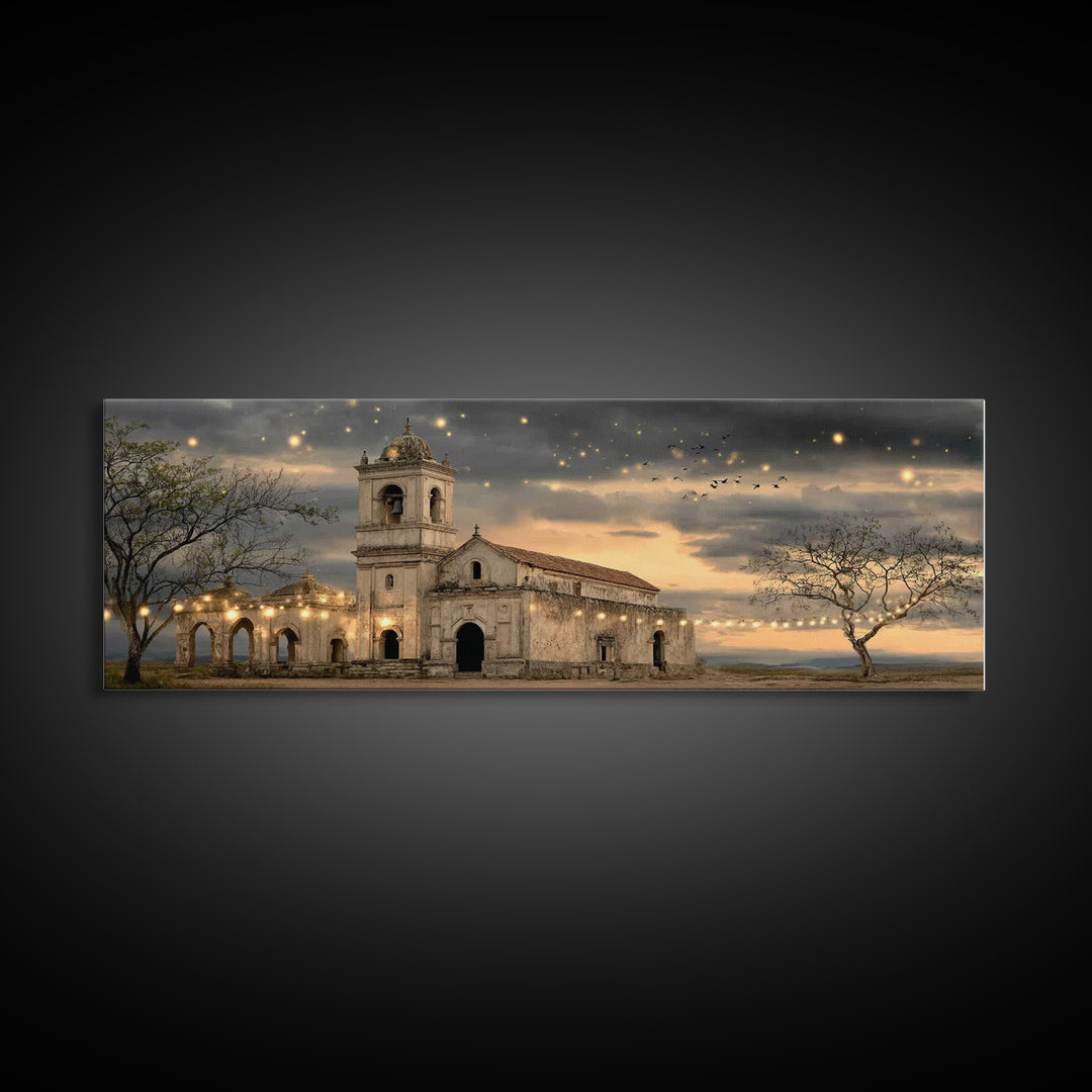 Sunlit Sanctuary, Framed Canvas Print, Christian Wall Art, Panoramic Art, Christian Art Canvas, Christian Christmas Art, Jesus Painting