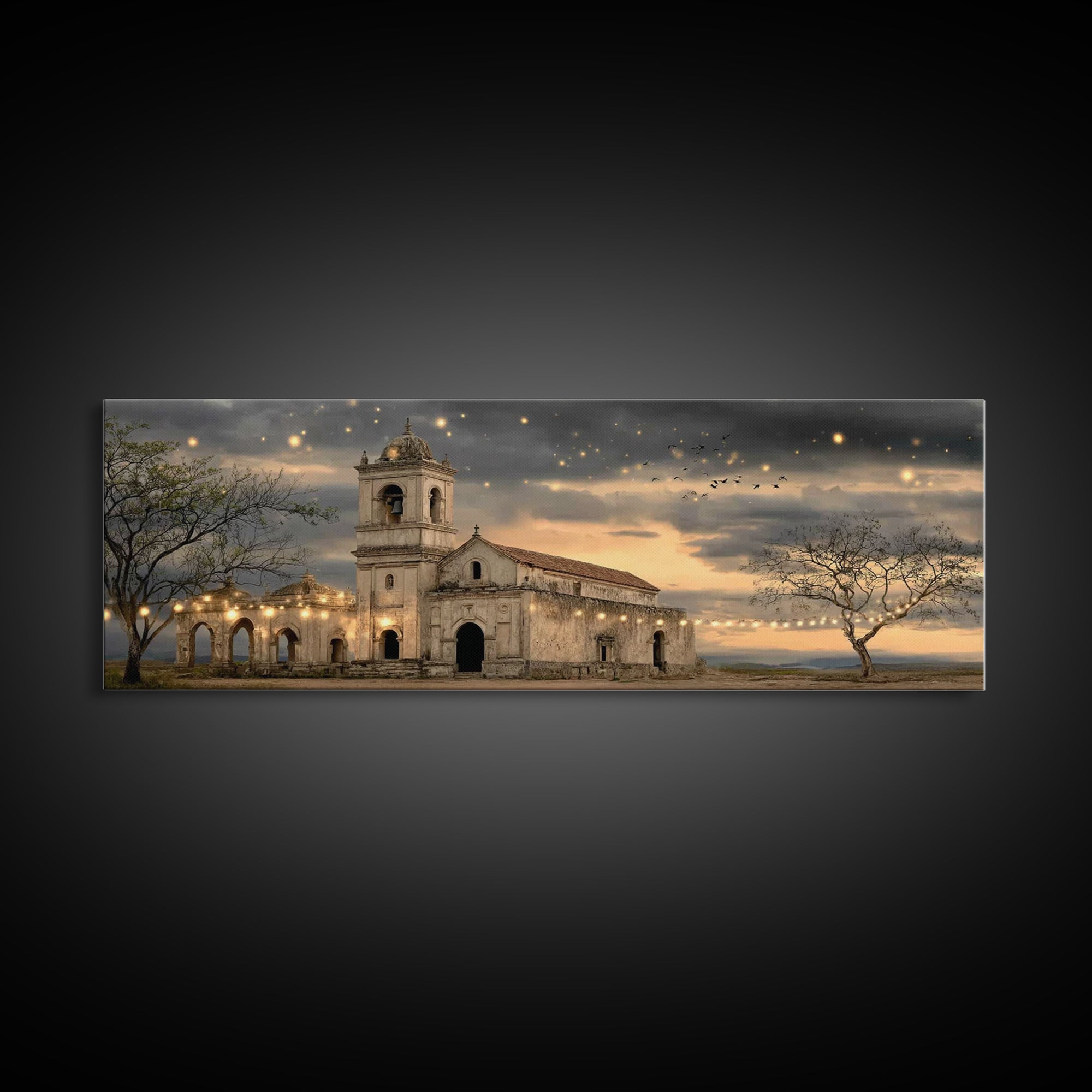 Sunlit Sanctuary, Framed Canvas Print, Christian Wall Art, Panoramic Art, Christian Art Canvas, Christian Christmas Art, Jesus Painting