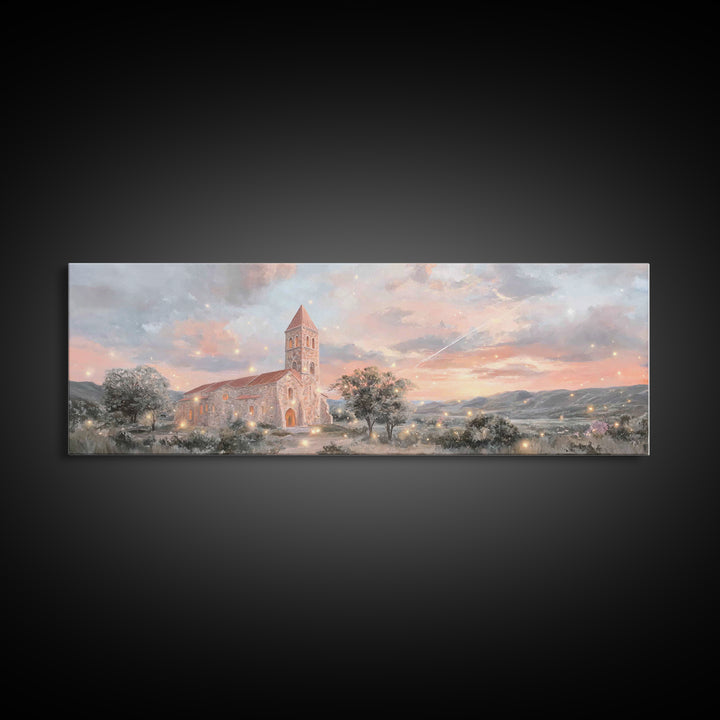 Evening Parish Glow | Framed Canvas Print | Panoramic Wall Art | Christian Art Canvas | Christian Christmas Art | Christian Wall Art | Chri