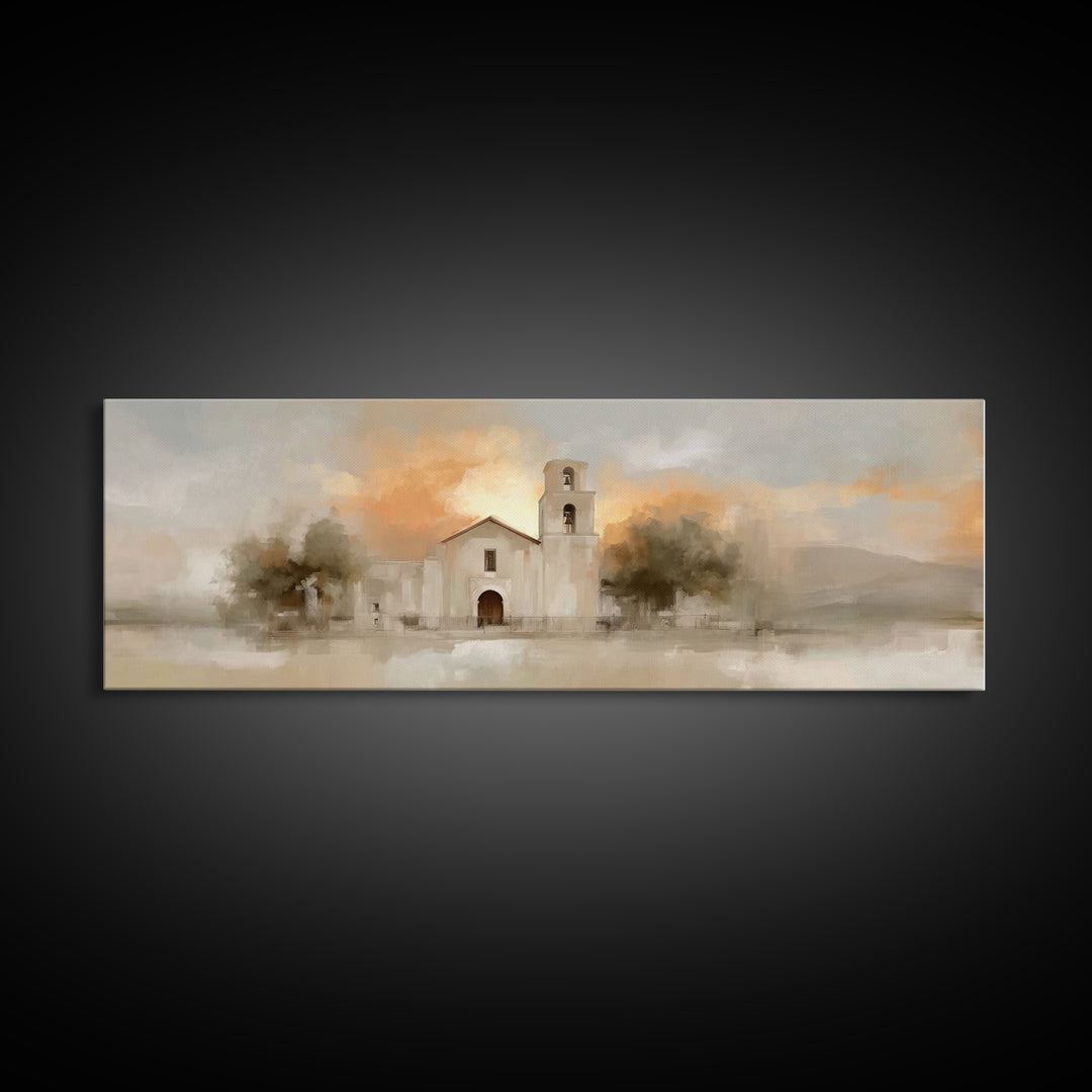 Mission At Sunset – Framed Canvas Print – Christian Art Canvas – Panoramic Painting – Christian Wall Art – Christmas Art – Jesus Painting