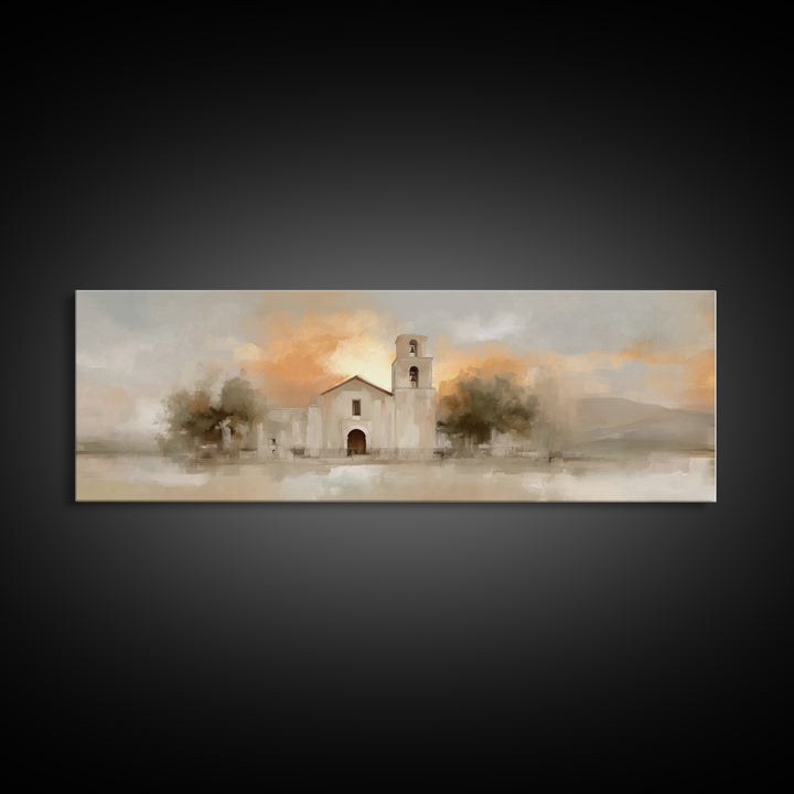 Mission At Sunset – Framed Canvas Print – Christian Art Canvas – Panoramic Painting – Christian Wall Art – Christmas Art – Jesus Painting