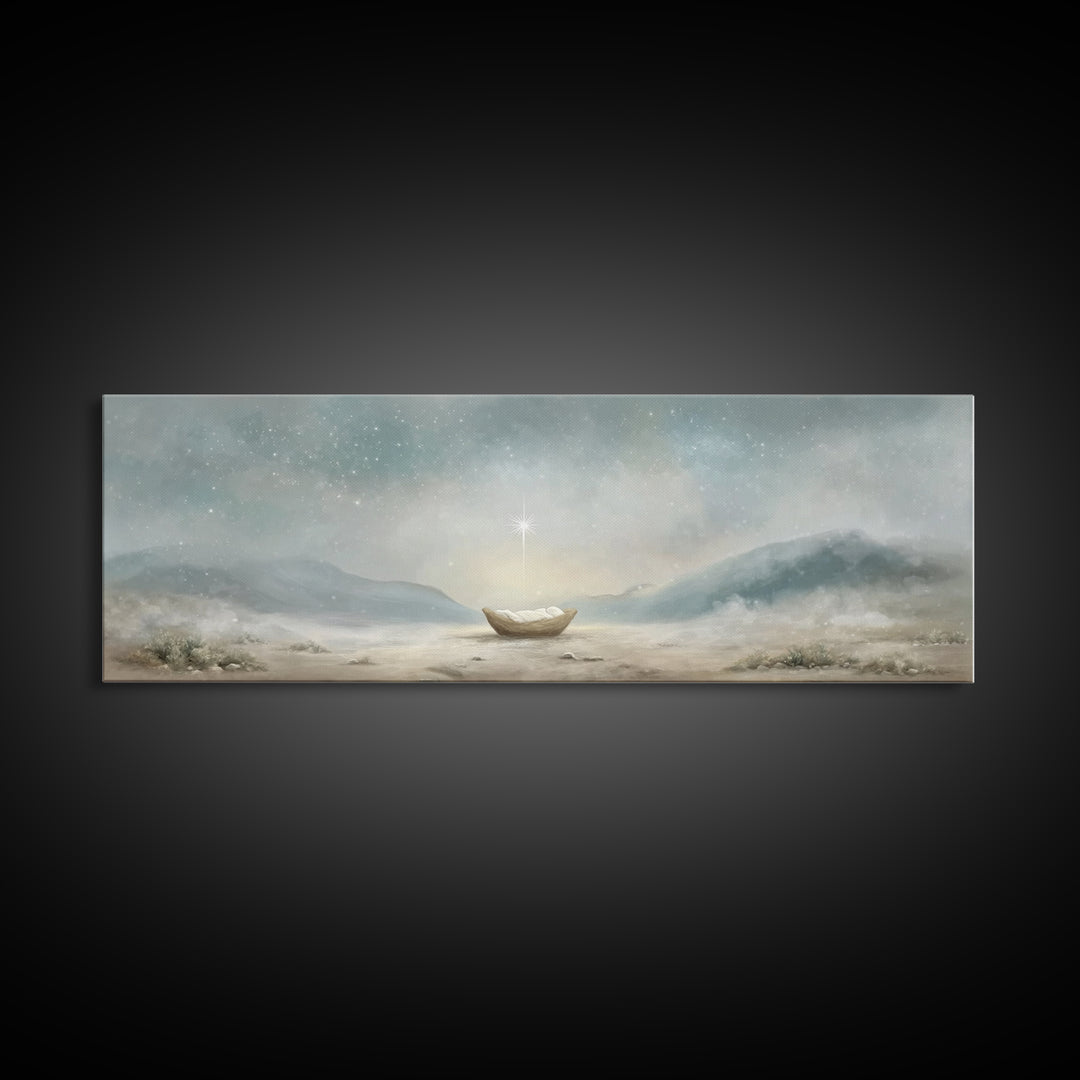 Heaven’s Soft Arrival, Framed Canvas Print, Panoramic Wall Art, Christian Art Canvas, Christmas Art, Christian Christmas Art, Jesus Paintin