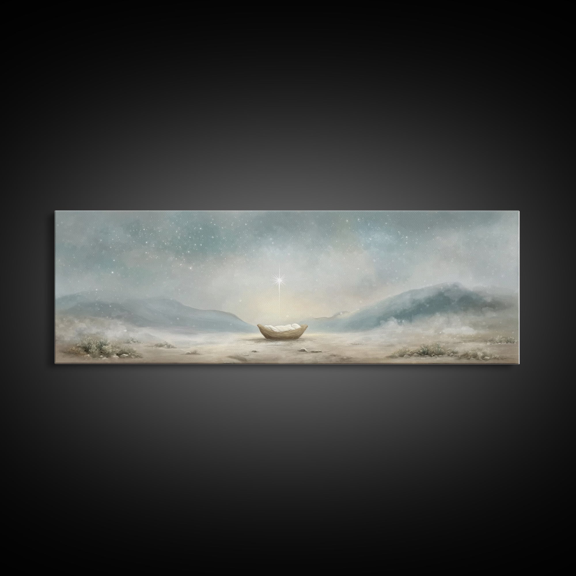 Heaven’s Soft Arrival, Framed Canvas Print, Panoramic Wall Art, Christian Art Canvas, Christmas Art, Christian Christmas Art, Jesus Paintin
