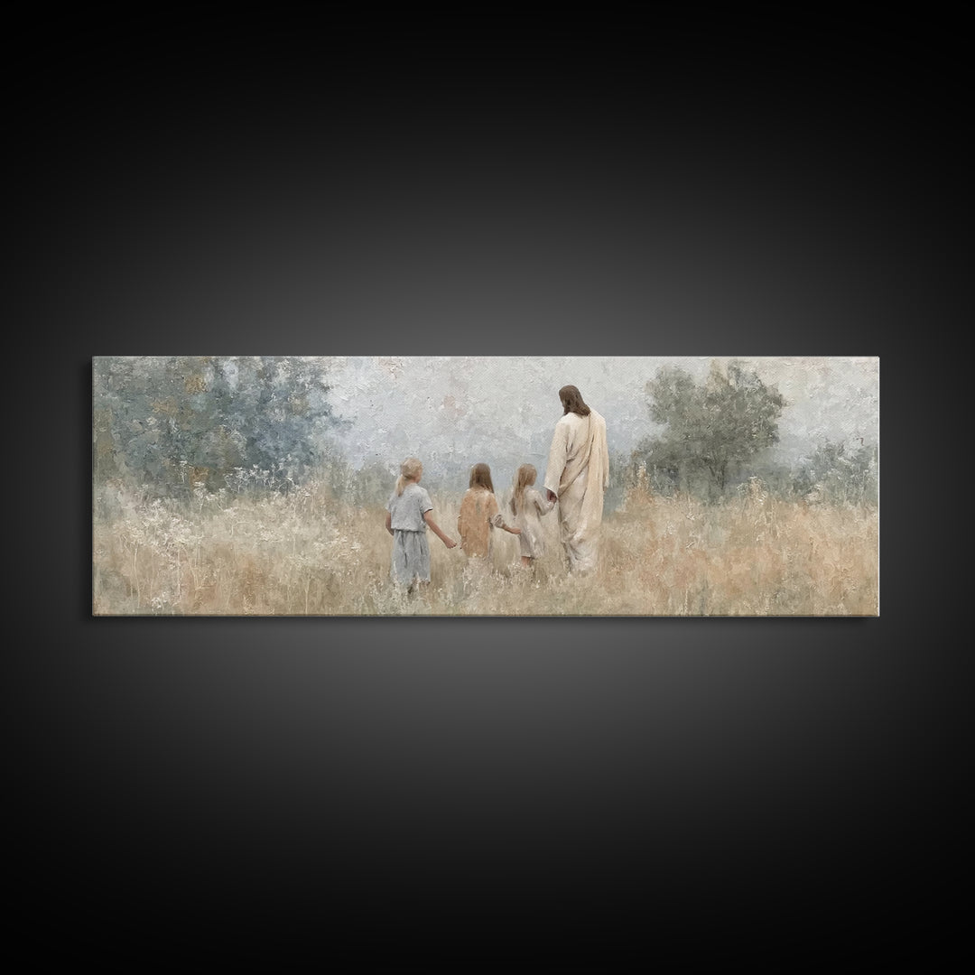 Gentle Meadow Walk – Framed Canvas Print – Christian Wall Art – Jesus Painting – Christian Art Canvas – Panoramic Art – Christian Christmas