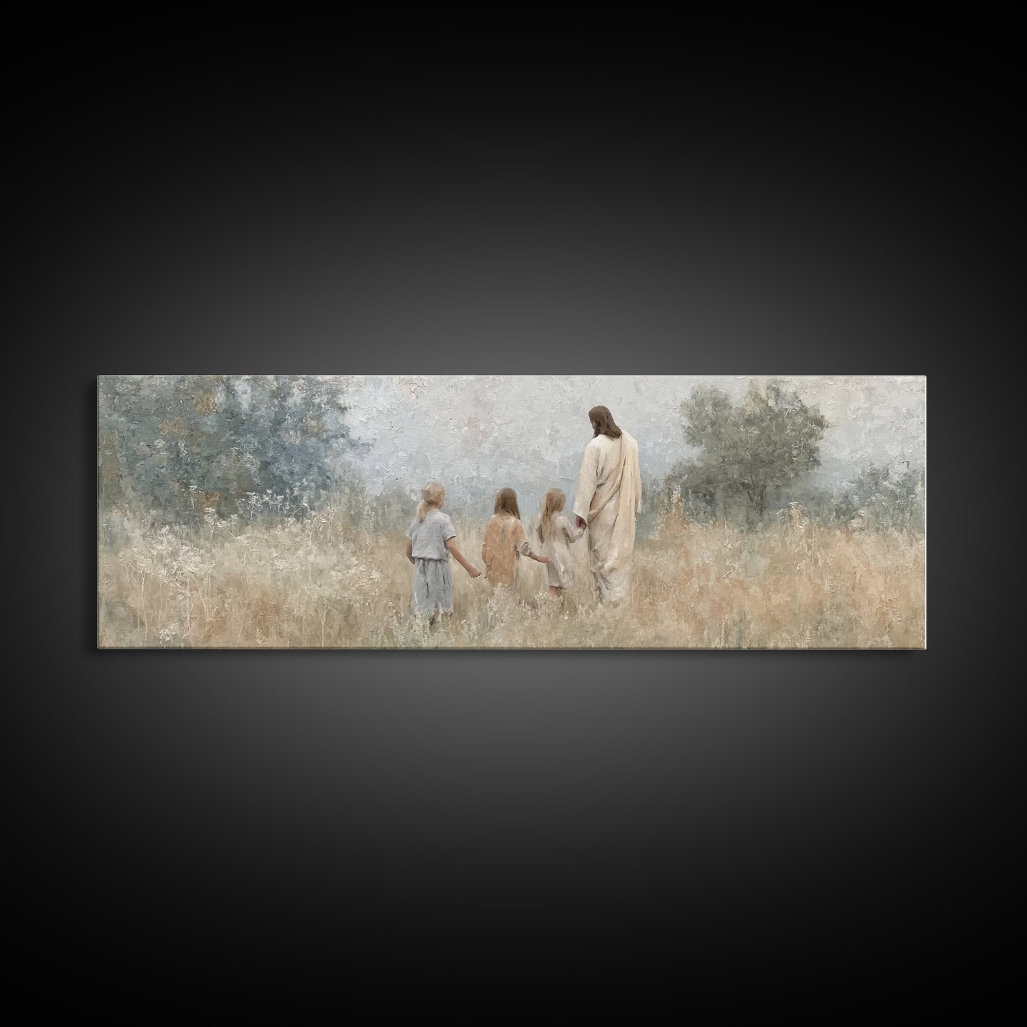 Gentle Meadow Walk – Framed Canvas Print – Christian Wall Art – Jesus Painting – Christian Art Canvas – Panoramic Art – Christian Christmas