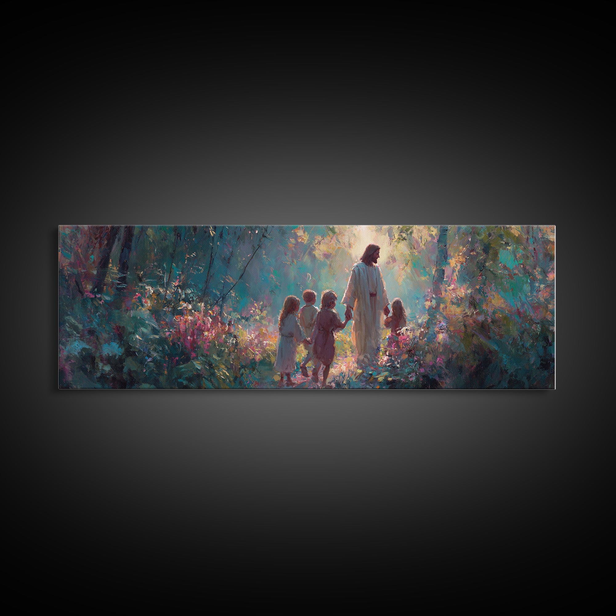 Light In The Garden | Framed Canvas Print | Christian Wall Art | Christian Art Canvas | Jesus Painting | Panoramic Painting | Christian Chr