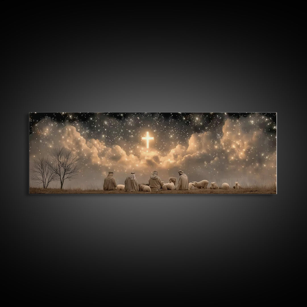 Night Of Promise, Framed Canvas Print, Christian Art Canvas, Panoramic Wall Art, Christmas Art, Christian Wall Art, Christian Christmas