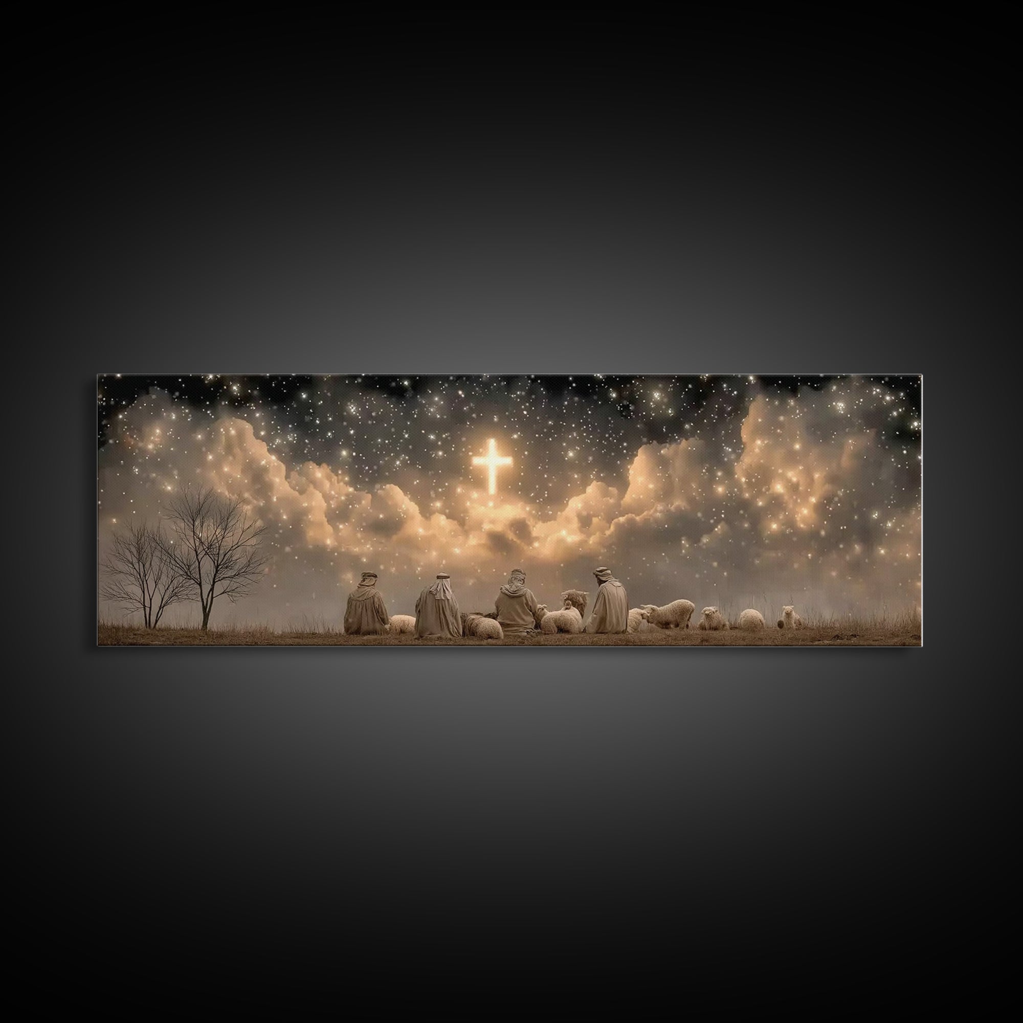 Night Of Promise, Framed Canvas Print, Christian Art Canvas, Panoramic Wall Art, Christmas Art, Christian Wall Art, Christian Christmas