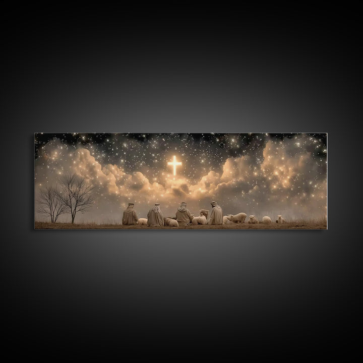 Night Of Promise, Framed Canvas Print, Christian Art Canvas, Panoramic Wall Art, Christmas Art, Christian Wall Art, Christian Christmas