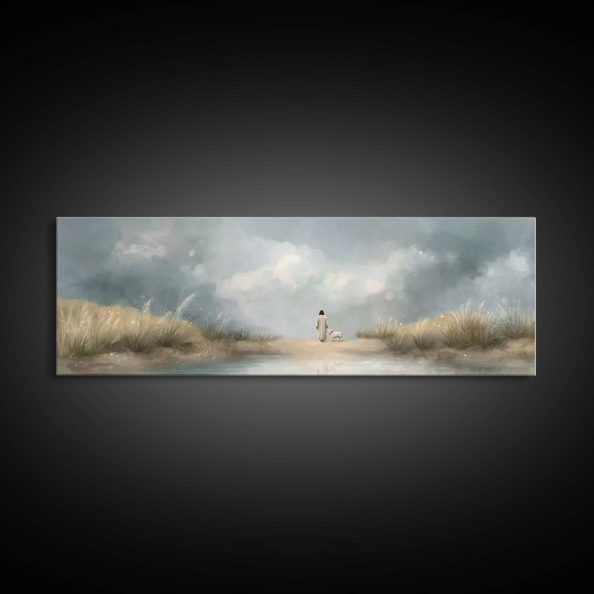 Gentle Shepherd Path – Framed Canvas Print – Christian Wall Art – Jesus Painting – Panoramic Art – Christian Art Canvas – Christian Christm